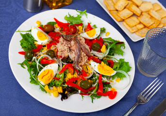 Just prepared fresh anchovy, olive, boiled egg, pepper, onion salad on table.