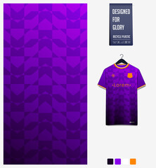 Soccer jersey pattern design. Geometric pattern on violet background for soccer kit, football kit or sports uniform. T-shirt mockup template. Fabric pattern. Abstract background. 