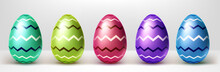 Colorful Easter Eggs With Zigzag Lines Pattern. Vector Realistic Set Of Spring Holidays Decoration, Gifts For Easter Hunt Event. Collection Of Shiny Red, Green, Blue And Purple Eggs With Striped Print
