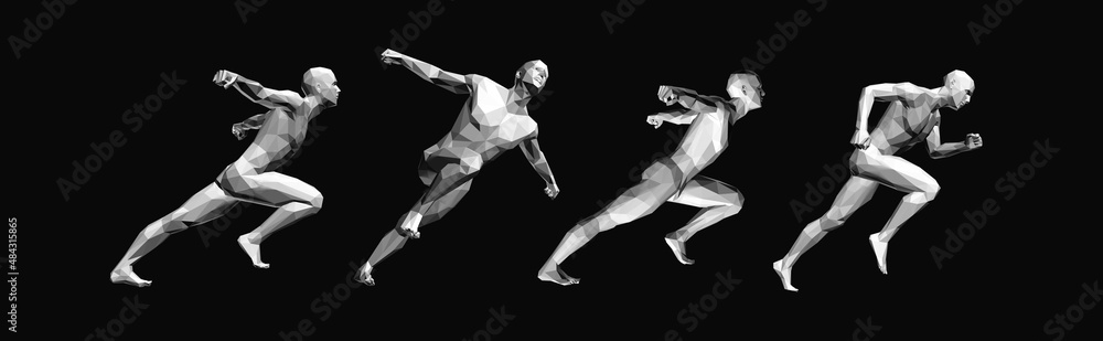 Models of polygonal people in different poses. Running man or marathon ...