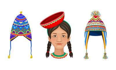 Wall Mural - Peru country related symbols set. Headwear with traditional ornament cartoon vector illustration