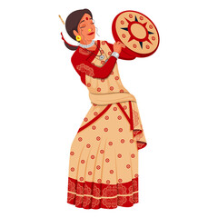 Poster - Beautiful Young Woman Holding Tambourine (Dafli) In Assam Traditional Attire.