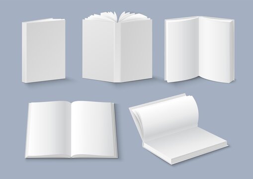 Fototapete - Book mockup set, vector illustration. White blank booklet, brochure, magazine cover. Hardcover, softcover book templates