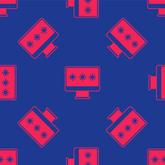 Red Monitor with password notification icon isolated seamless pattern on blue background. Security, personal access, user authorization, login form. Vector