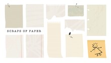 Scraps Of Paper Collection. Stationery Decorated Pieces Of Old Checkered And Lined Paper. Weekly, Daily Planners, Note Paper, Sticker Templates. Vector Illustration. Isolated Elements.