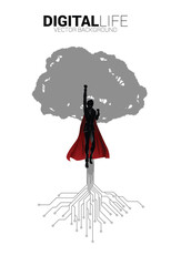 Poster - silhouette of superhero fly with Tree from digital line connect dot circuit board style. Background concept for digital transformation.