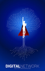 Poster - silhouette of superhero fly with Tree from digital line connect dot circuit board style. Background concept for digital transformation.