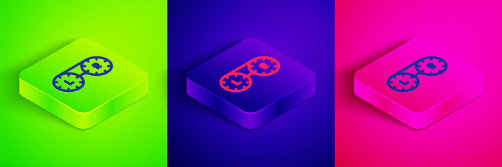 Poster - Isometric line Contact lens container icon isolated on green, blue and pink background. Eyesight care, lens hygiene container. Square button. Vector