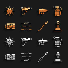 Wall Mural - Set Barbed wire, Hand grenade, Soldier grave, Medieval spear, Dynamite timer clock, Cannon, Naval mine and Pistol or gun icon. Vector