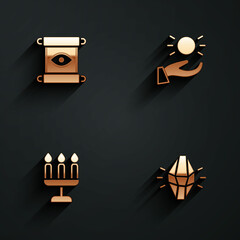 Set Magic scroll, Ball levitating above hand, Candlestick and stone icon with long shadow. Vector