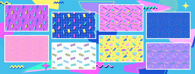 Simple geometric patterns set. 90s style backgrounds collection. Nostalgia for the 90s.