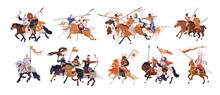 Ancient, Medieval Horse Warriors, History Set. Military Horsemen Ride Horseback, Armoured With Arrows, Spears, Swords. Mounted Fighters. Flat Graphic Vector Illustrations Isolated On White Background