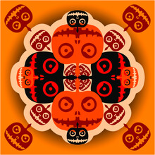 Scary Pumpkins Symmetrical Arrangement. Abstract Kaleidoscope Image For Halloween.