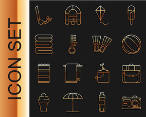 Poster - Set line Photo camera, Hiking backpack, Beach ball, Kite, Meteorology thermometer, Towel stack, Snorkel and Rubber flippers icon. Vector