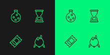Set Line Witch Cauldron, Circus Ticket, Bottle With Potion And Old Hourglass Icon. Vector