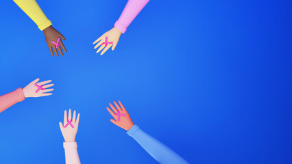 Sticker - Top View Of 3D Hands Middle Finger Wearing Pink Awareness Ribbon On Blue Background.