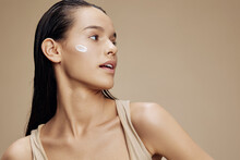 Brunette Hand Near Face Cream Rejuvenation Charm Close-up Make-up