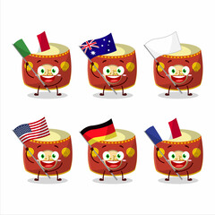 Poster - Red chinese drum cartoon character bring the flags of various countries