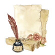 Watercolor illustration of old paper sheets, scrolls, roses, feather pen and inkwell isolated on white background.