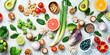 Vegetarian ingredients for cooking: fresh vegetables, fruits, nuts, mushrooms and berries. The concept of a ketogenic diet. On a gray stone background. Top view.