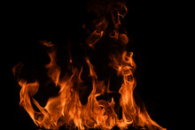 Fire Blaze Flames On Black Background. Fire Burn Flame Isolated, Abstract Texture. Flaming Explosion With Burning Effect. Fire Wallpaper, Abstract Art Pattern.