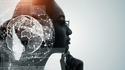 AI (Artificial Intelligence) concept. Deep learning. Mindfulness. Globan communication network.
