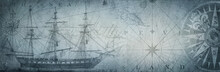 Old Sailboat, Compass And Ancient  Map Historical Background. A Concept On The Topic Of Sea Voyages, Discoveries, Pirates, Sailors, Geography And History. Efect Of Overlay On Old Texture Of Paper.