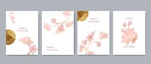 Set Of Spring Backgrouds With Sakura Branch And Golden Circle, Sun. Cherry Blossoms.