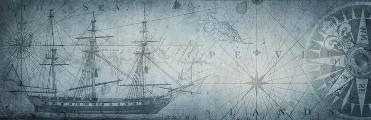 Fototapete - Old sailboat, compass and ancient  map historical background. A concept on the topic of sea voyages, discoveries, pirates, sailors, geography and history. Efect of overlay on old texture of paper.