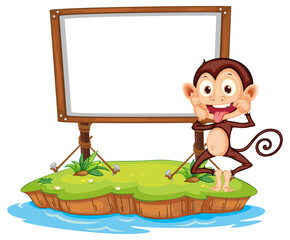 Wall Mural - Funny monkey with blank board on white background