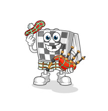 Chessboard Scottish With Bagpipes Vector. Cartoon Character