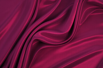 Wall Mural - Beautiful elegant wavy dark fuchsia pink satin silk luxury cloth fabric texture with monochrome background design. Copy space
