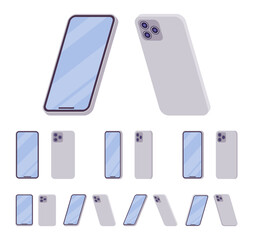 smartphone, unlocked cellphone, mobile phone without power button. vertical silver metallic device. 