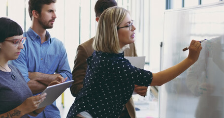 Poster - Writing it down for them. Cropped shot of an attractive young businesswoman using a whiteboard while giving an explanation to her colleagues.