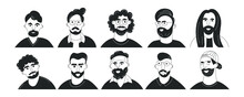 Set Of Doodle Men Face Avatars With Mustache And Beard. Collection Of Trendy Hipster Guy Portrait. Black And White Flat Vector Illustration Isolated On White Background. Fashion Bearded Man Faces