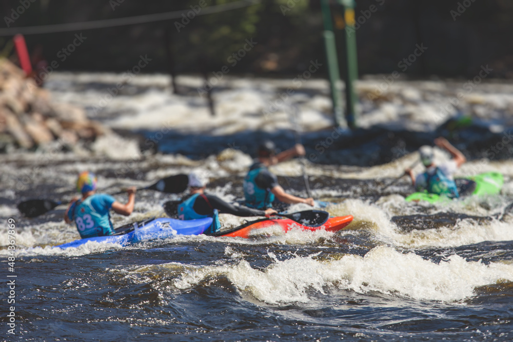 Kayak slalom canoe race in white water rapid river, process of kayaking ...