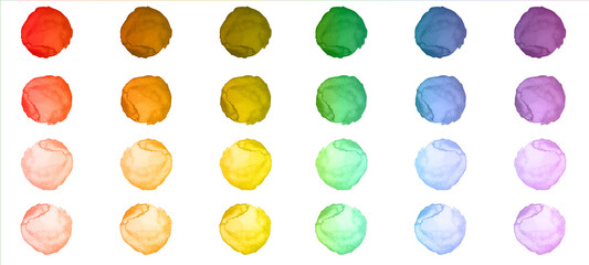 Set of colorful rainbow colors watercolor aquarelle circles splash points hand drawing illustration, isolated on white background
