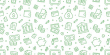 Money Green Seamless Pattern. Vector Background Included Line Icons As Piggy Bank, Wallet, Credit Card, Coin, Banknote, Bag, Cash, Finance, Receipt Outline Pictogram For Banking