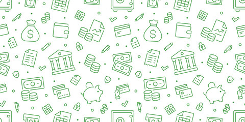 money green seamless pattern. vector background included line icons as piggy bank, wallet, credit ca