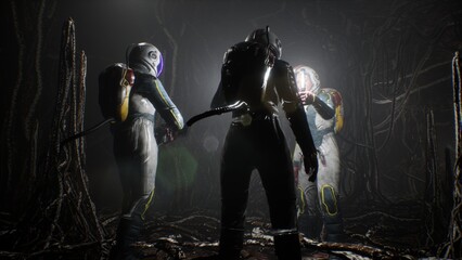 Wall Mural - astronauts on an alien planet find themselves in a cave with alien nightmare creatures. the concept 