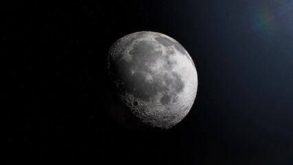 flying to the moon beautiful 3d animation. natural satellite of the earth spinning on stars backgrou