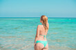 © T.Den_Team - Vacation scene. Panoramic views of blue sea and coastline. Beautiful landscape, aerial view, Egypt. Plus size woman enjoys view of coast of Red Sea. High quality photo