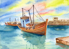 Watercolor Illustration Of A Wooden Fishing Boat At A Stone Pier With Distant Buildings And A Yellow-pink Sunset Sky