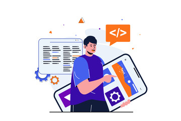 App development modern flat concept for web banner design. Male designer works with mobile app interface layout, making ui optimization and coding. Vector illustration with isolated people scene