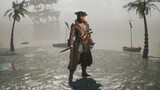 A pirate stands on a deserted ocean shore and fires his formidable pistol. The man was created using 3D computer graphics. 3D rendering.