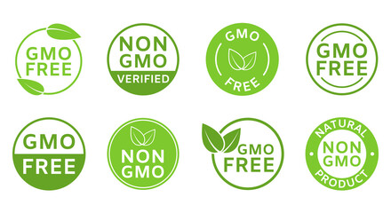 Leinwandbilder - Non GMO labels. GMO free icons. Organic cosmetic. Healthy food concept. No GMO design element for tags, product packag, food symbol, emblem, sticker. Eco, vegan, bio. Green leaves. Vector illustration