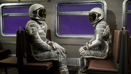 Wall Mural - astronauts fly on a space train through the universe at breakneck speed. a space train with astronau