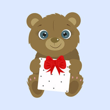 Cute Little Bear Holding Prezent With Red Bow. Red Hearts. Birthday Card. Valentines Day. I Love You. Miss You. Vector Illustration.