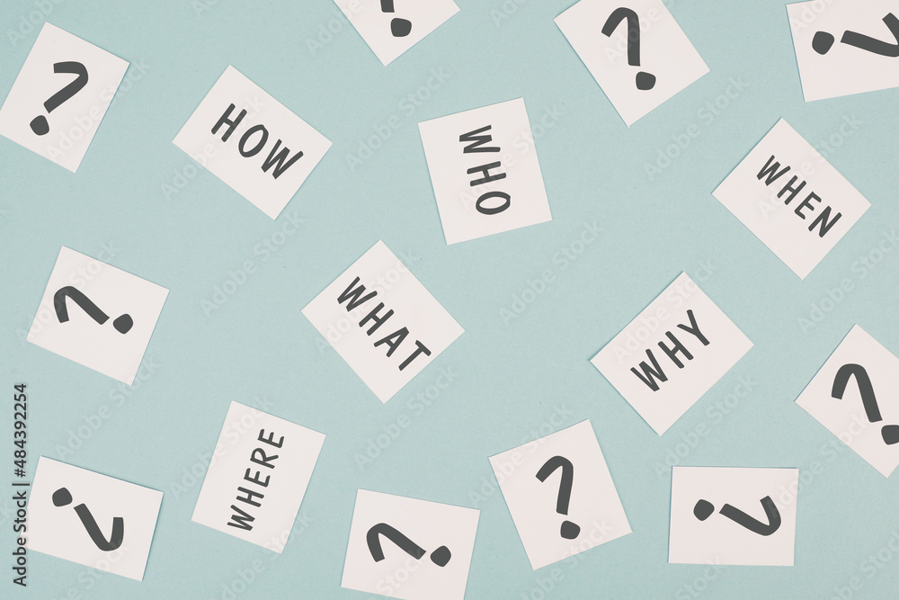 The words who what where how why and when are standing on small pieces ...