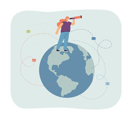 Wall Mural - Cartoon manager looking through spyglass while standing on globe. Letters from different parts of world flat vector illustration. Global communication or business concept for banner, landing web page